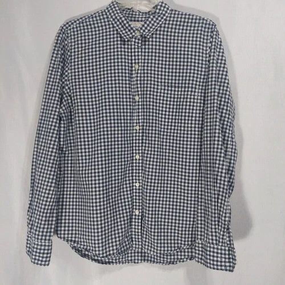Gap Womens Small The Fitted Boyfriend Shirt Button Up Gingham Navy White Collar